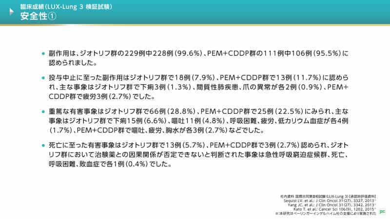 副作用は、ジオトリフ群229例中228例、99.6%、PEM+CDDP群111例中106例、95.5%に認められました。